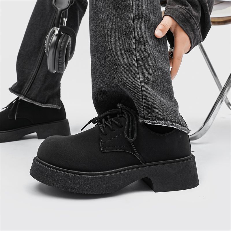 Black Thick Sole Height Increasing Round Toe Loafers Leather Shoes for Men Retro Common New Social High Quality Man Casual Shoe