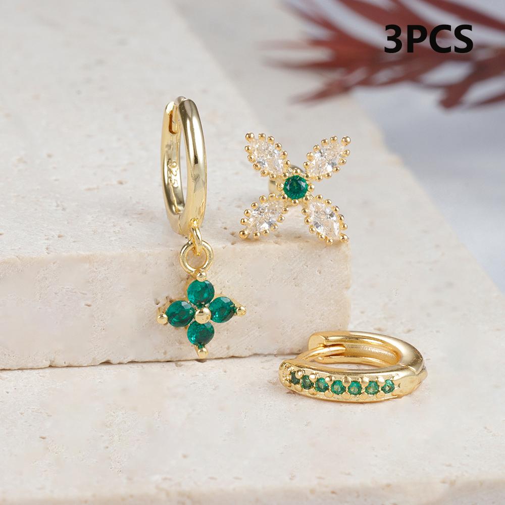 3PCS Green Zircon Flower Hoop Earrings Women Tiny Stainless Steel Round Circle Cartilage Piercing Earring Fashion Jewelry Sets