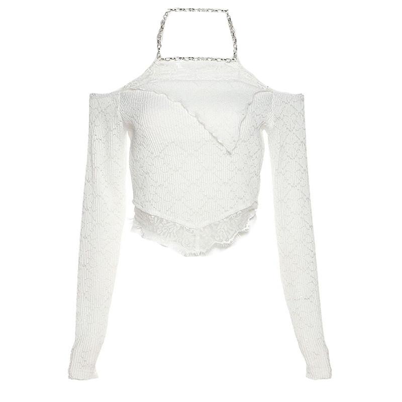 

Жінки футболка з довгим рукавом мода хай стріт суцільний кольоровий ланцюжок гальтер від плеча мереживо печворк тонкий крій оголені топи пупка L білий