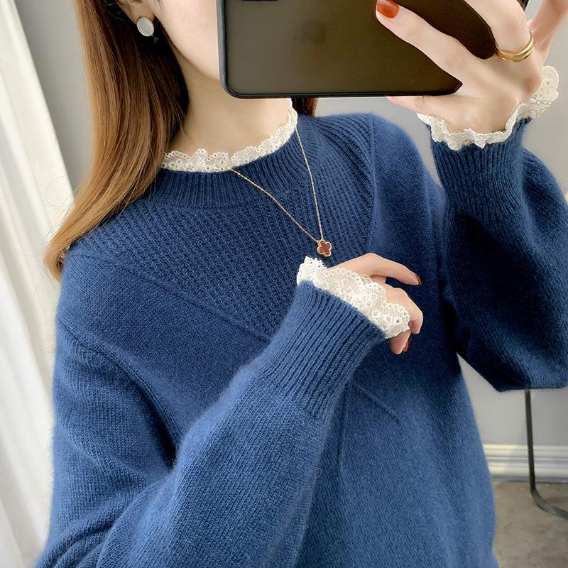 Women's Sweater Knitted Bottoming Shirt Spring Spring Autumn Versatile Semi-turtleneck New Lace Edge High Sense