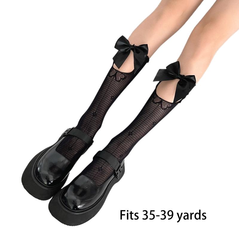Women Girl Hollow Pile Socks Lolita Lace Calf Socks Stretchable Large Bow Lace Socks Gift for Anniversary Day