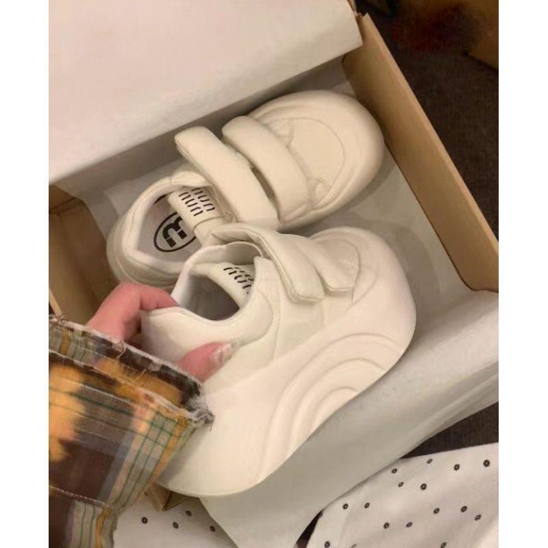 White Sneakers Spring and Autumn Heightened Thick-soled Velcro Ugly Cute Board Shoes Muffin Round Head Bread Shoes