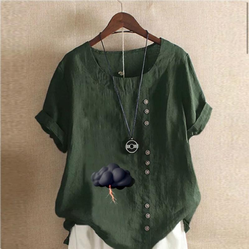 Women's Fashion Round Neck Short Sleeve T-shirt Casual Cotton Linen Graphic Shirt Leisure Loose Dark Clouds Prined Summer Blouse Tops