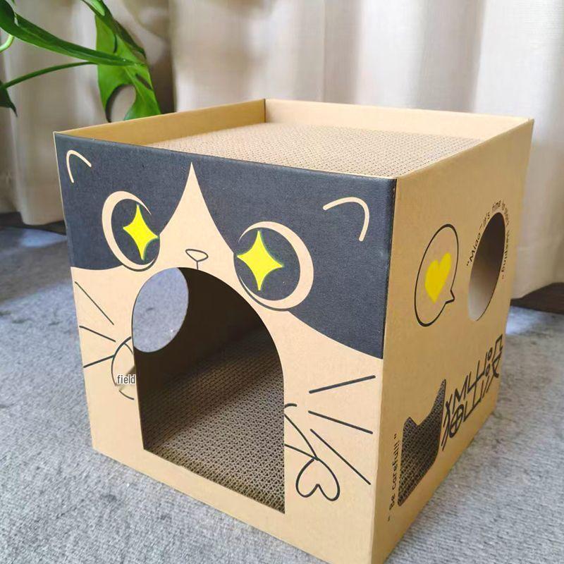 Durable Cardboard Cat House with Scratching Board - Wear-Resistant and Shed-Free