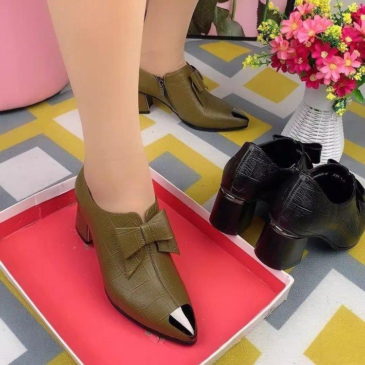 Fashion Bow 5CM Deep Mouth High Heels Women's 2025 Autumn New Versatile Temperament Pointed Thick Heel Single Shoes Women