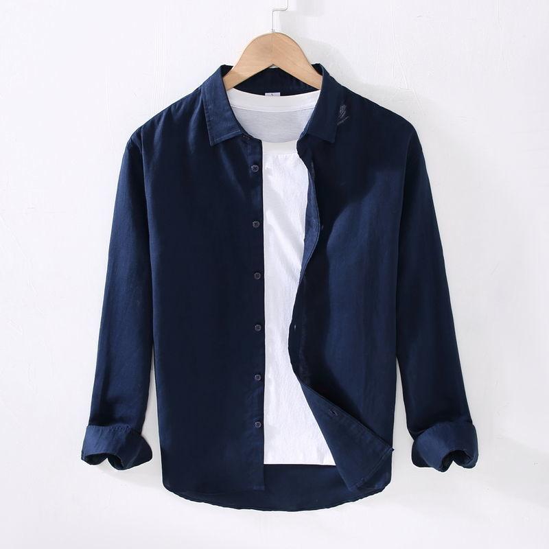 Camping Spring Summer Linen White Long-Sleeved Shirt, Men's Cotton&Linen Shirt, Business Casual, Comfortable Loose Blouson