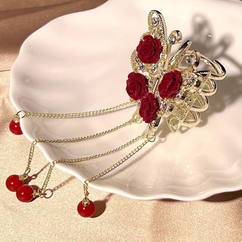 Clips de păr retro roșu catifea trandafir fluture gheară stras lux ciucure accesorii de păr agrafe crab pentru femei accesorii de păr podoabă de cap franțuzească