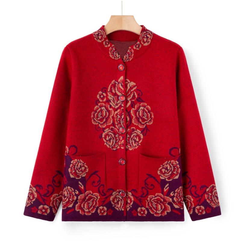 Grandma autumn new sweater jacket medium and old knitted sweater cardigan top women the elderly mother large size clothes