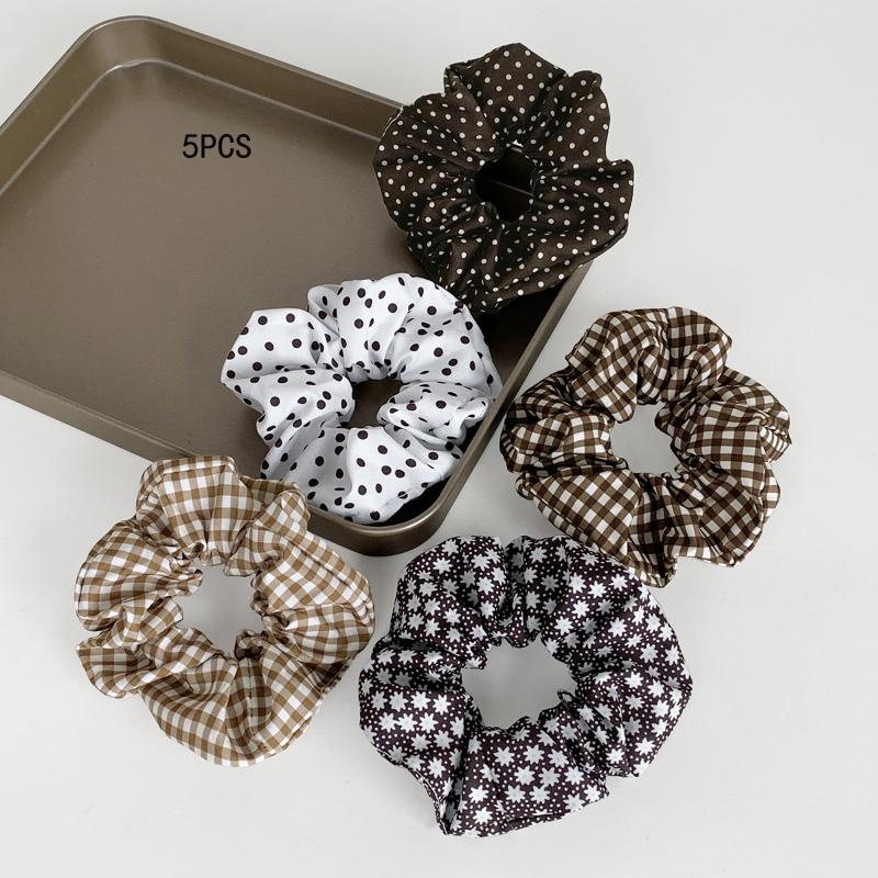 

5Pcs Polka Dot Hair Ties Elegant Cute Fabric Scrunchies With Flower Prints Sweet Floral Dot Hair Bands Academy Style For Ages as the picture