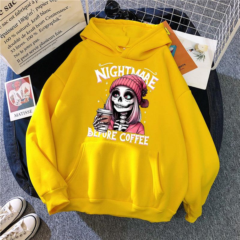 Slogan Nightmare Before Coffe Graphic Sweatshirt Unisex Fall Winter Hoody Y2k Clothing Women's Skeleton Halloween Pocket Hoodies