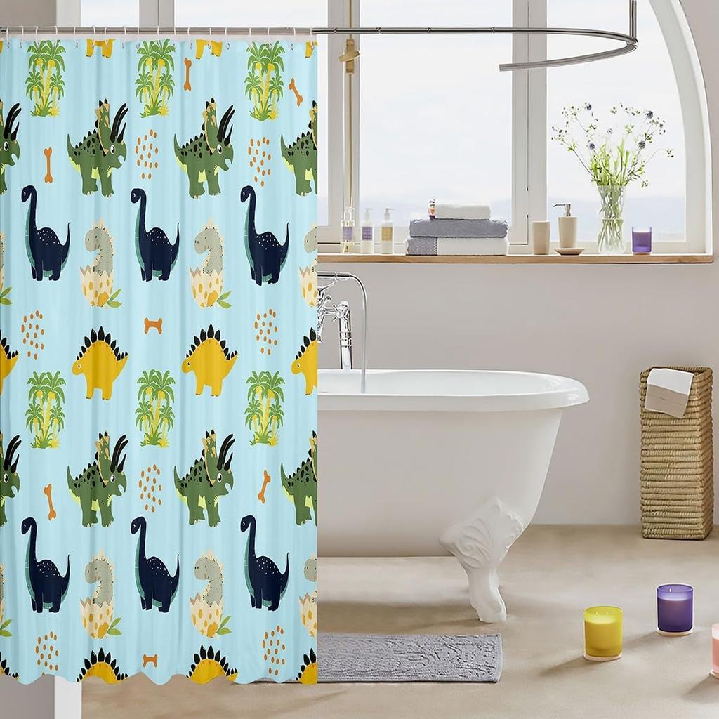 Cartoon Dinosaur Shower Curtain Coconut Tree Hawaii Tropical Bathroom Shower Curtain Sets | Ancient Wild Animals Waterproof