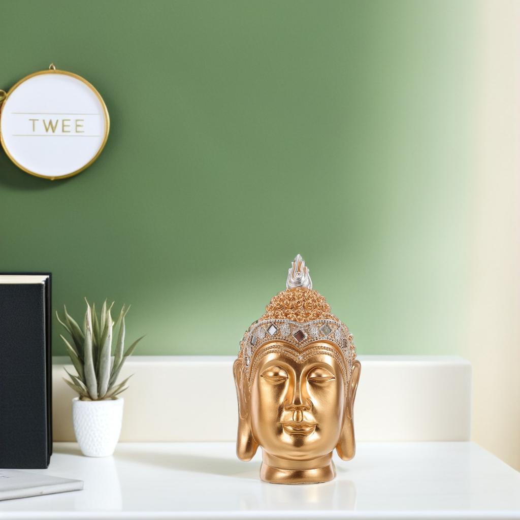 Resin Buddha Head Ornament Vintage Craft Exquisite Decoration for Office Desk Bedroom Living Room Home Ambiance
