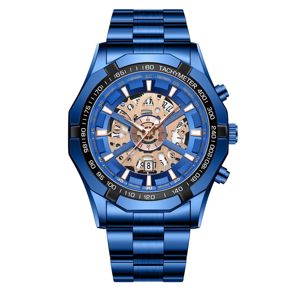 Binbond Skelett Non-Mechanisch Wasserdichte Herrenuhr - Schwarzes Metall & Blaues Design