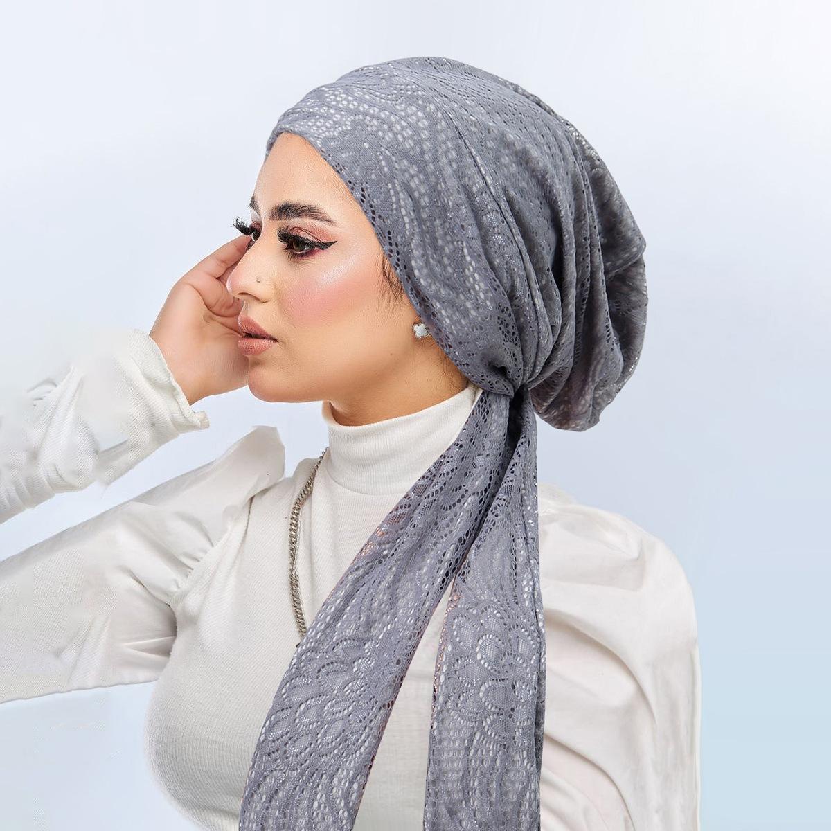 

Кружевной узор Шапка-платок Элегантный Ажурный Платок Мусульманская Мода Завязывающийся Платок-шапка светло-серый