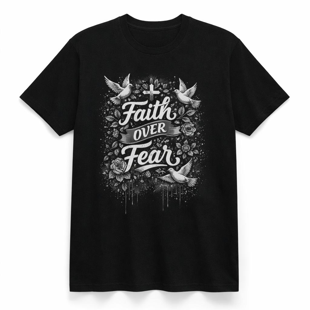 

Faith Over Fear, Men s Cotton T-Shirt, Cross and Peace Dove Floral Text Printing, High Quality Cotton, Exquisite - Men s Summ... 5XL