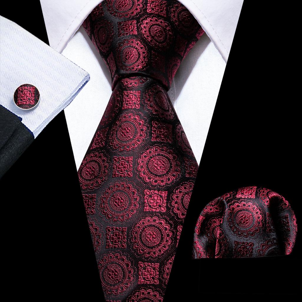 Barry.Wang Floral Ties for Men Woven Paisley Wedding Necktie Handkerchief Cufflinks Formal Casual Set