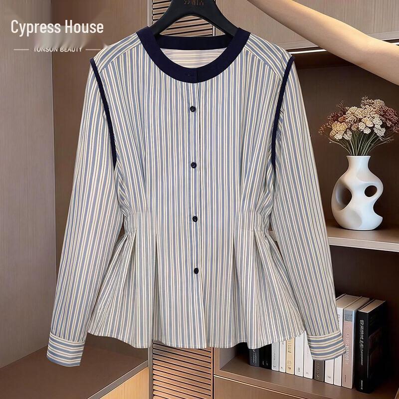 Women s Fashion Striped Contrast Round Neck Long Sleeve Blouse S