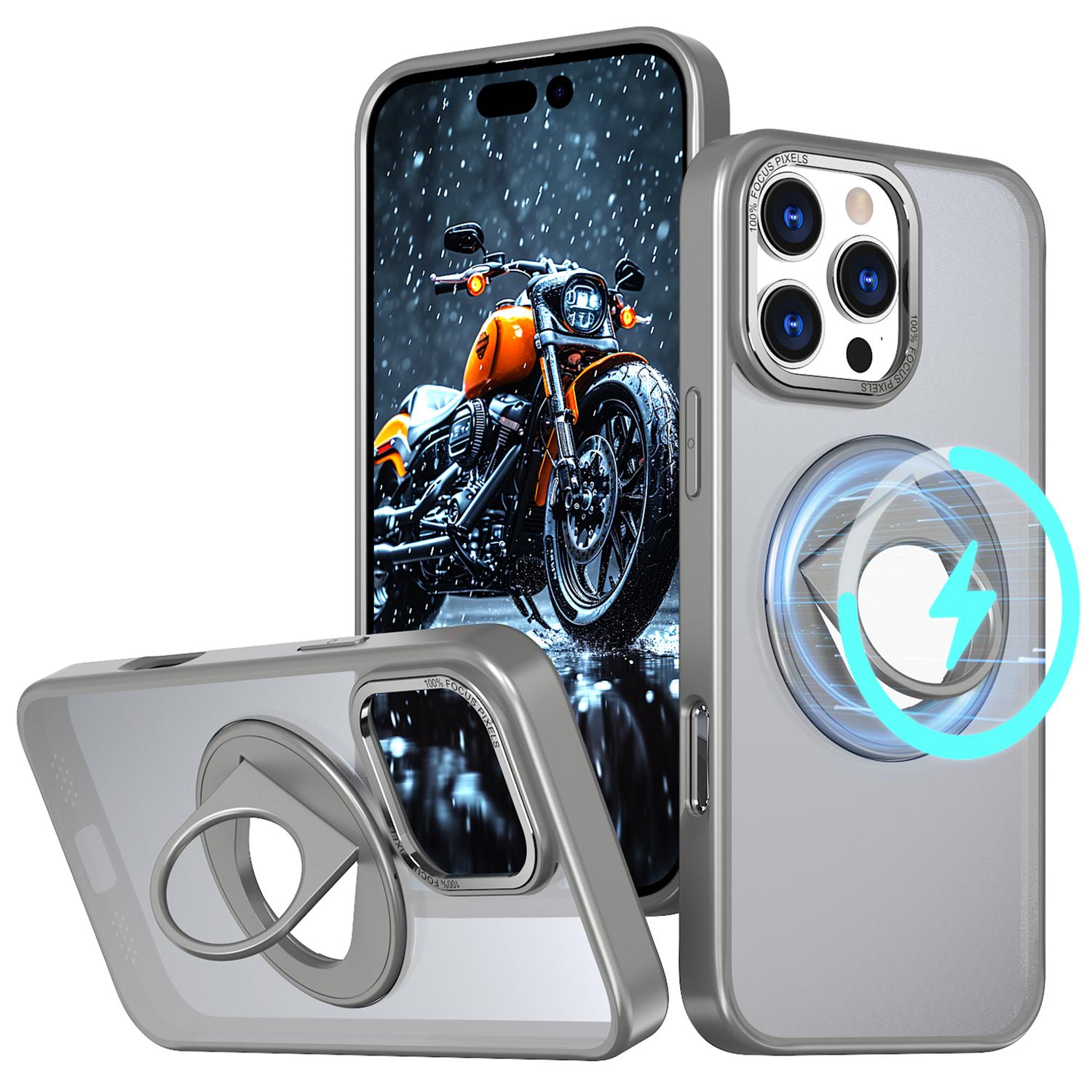 

For iPhone 16 Pro Clear Back Case Compatible with MagSafe TPU+PC Kickstand Phone Cover Titanium Grey