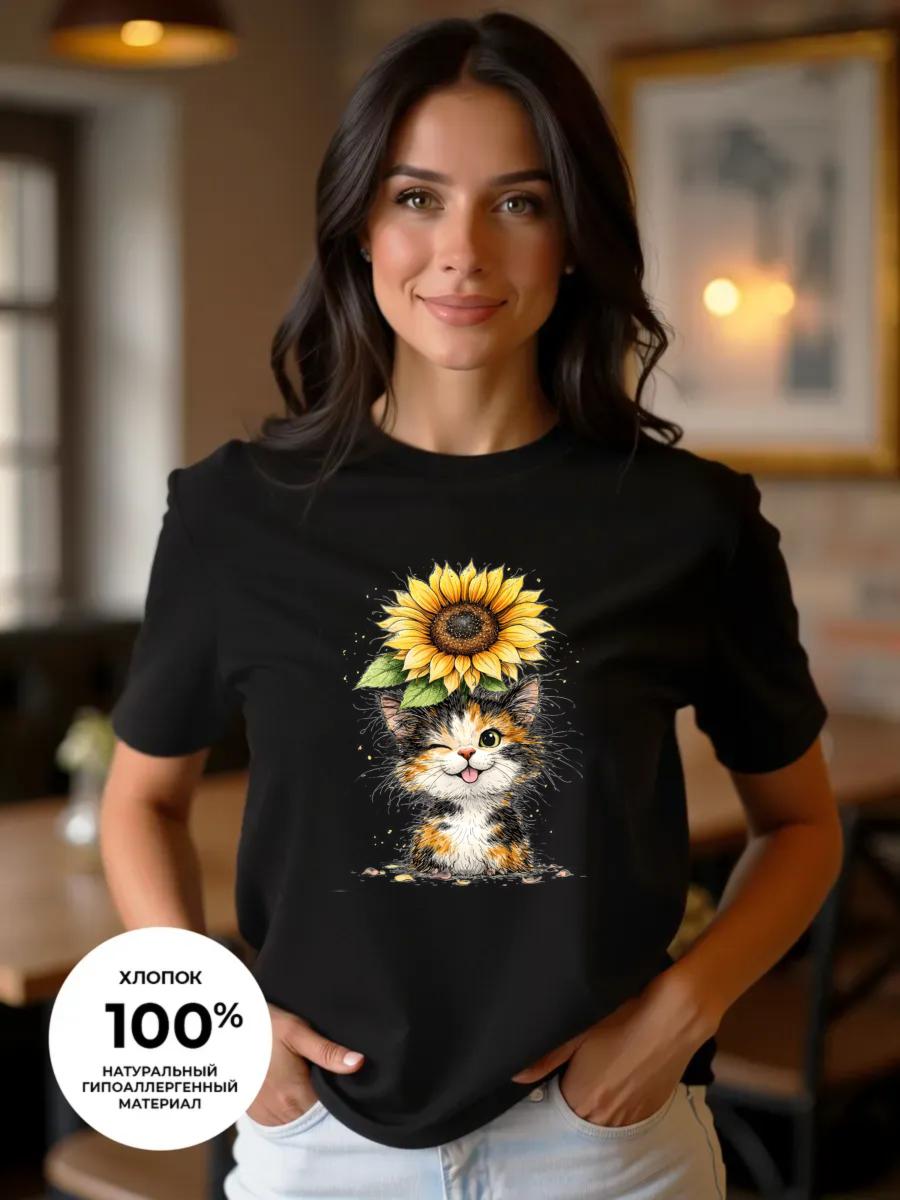 Cute Fluffy Cat Cartoon Print Women s T-Shirt - Round Neck Short Sleeve Polyester Casual Top - Women s Polyester T-Shirt S