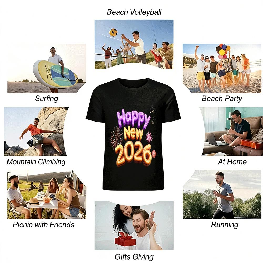 Happy New Year 2026 Printed Casual Loose Fit Top For Men Women Pure cotton T-shirt