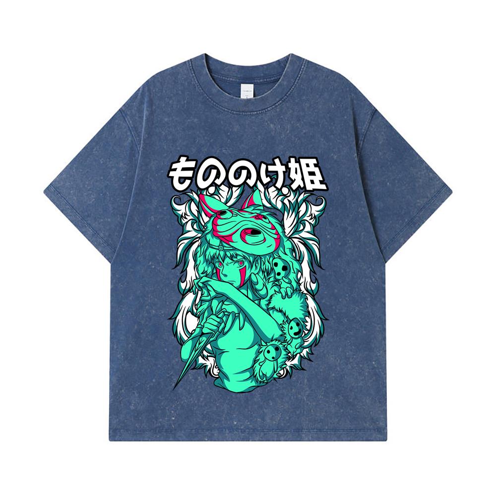 

275 GSM Washed T-shirts 100% Cotton Ghibli V5 Princess Mononoke Print Unisex Heavy Cotton T Shirt 2XL королівський синій колір
