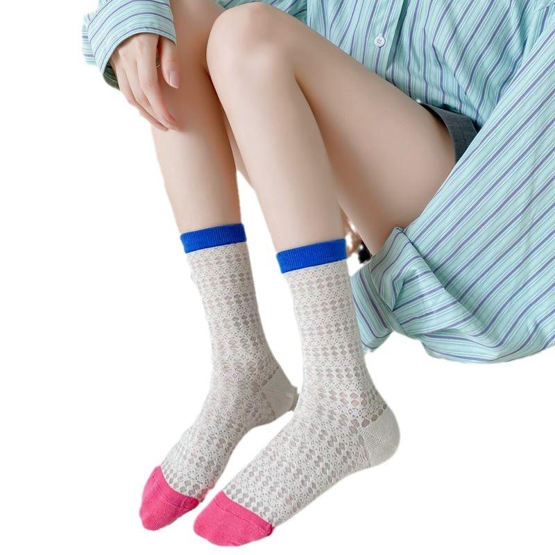 Summer Thin Mid-calf Socks, Women's Mesh Hollowed-out Color-blocking Pile Socks, Dopamine Color Series, Cute Long Socks for Girls, Trendy