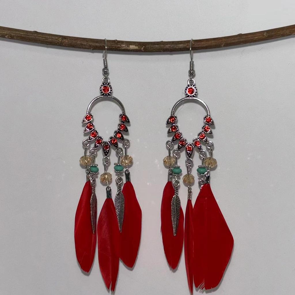 Vintage Bohemian Feather Tassel Earrings Exaggerated Ethnic Vacation Dangle Ear Jewelry Fashion Accessories For Women
