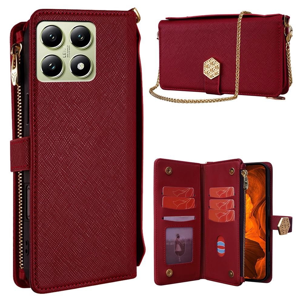 

For Xiaomi 14T Case Cross Texture PU Leather+TPU Wallet Phone Cover with Strap Red