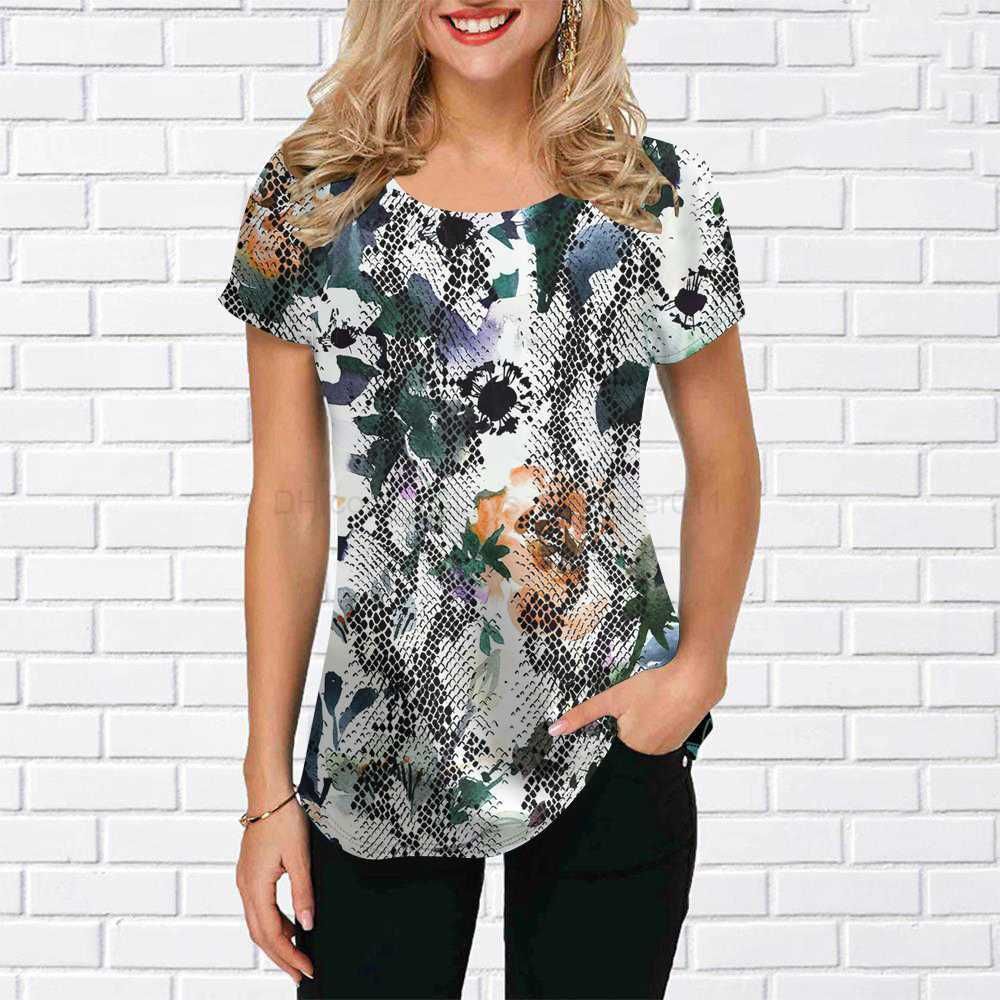 Summer Round Neck 3D Floral Patchwork Print T-shirts Fashionable Casual Short Sleeved Women's T-shirts