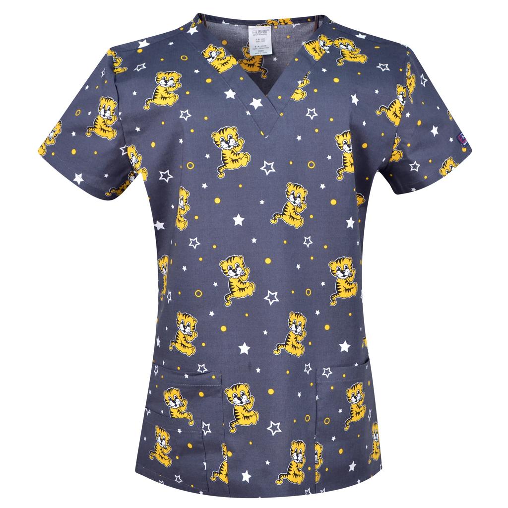 Hennar Uniforme de Trabalho Feminino 100% Algodão Estampado Uniformes Decote V Manga Curta XXS-3XL Hospitalar Clínico Uniforme de Trabalho Top