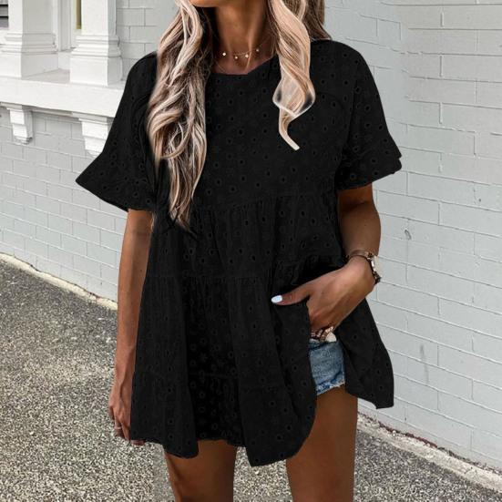 

Летнее платье с рюшами и короткими рукавами. Уличная одежда с круглым вырезом. Привлекательная мини-юбка с вырезом. Одежда для отпуска. S розовый