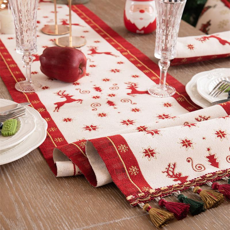 Žakárová vlajka na stůl vánoční jelen vánoční čepice střapec Běhoun na stůl vlajka na ubrus na jídelní stůl