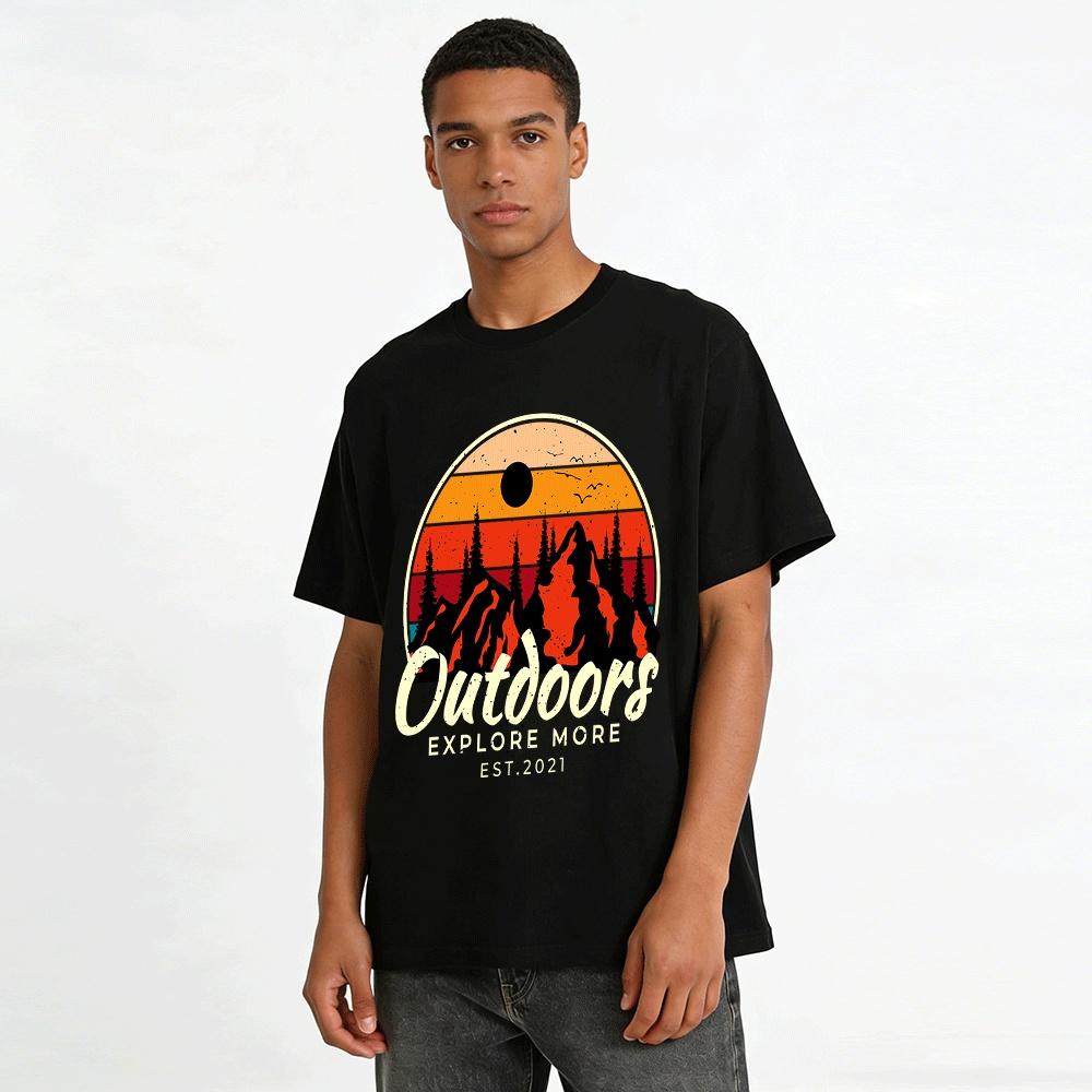 Retro Outdoor Explore Mountain Sunset Graphic Casual Tee EST2021 Pure Cotton T-shirt