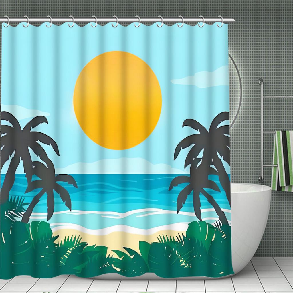 4pcs Shower Curtain Set with 12 Hooks -Shower Curtain, Bath Mat, Toilet Seat Cover And U-Shaped Rug - Machine Washable Bathr