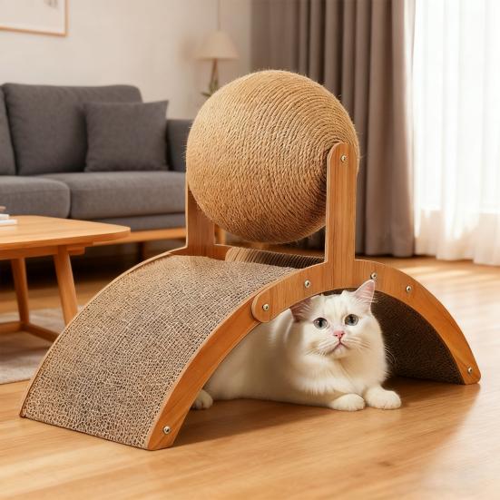 3-in-1 Cat Scratcher Cats Cardboard Scratching Pad with Sisal Ball Wood Frame Indoor Kitten Arched Scratcher for Active Cats Scratching Playing