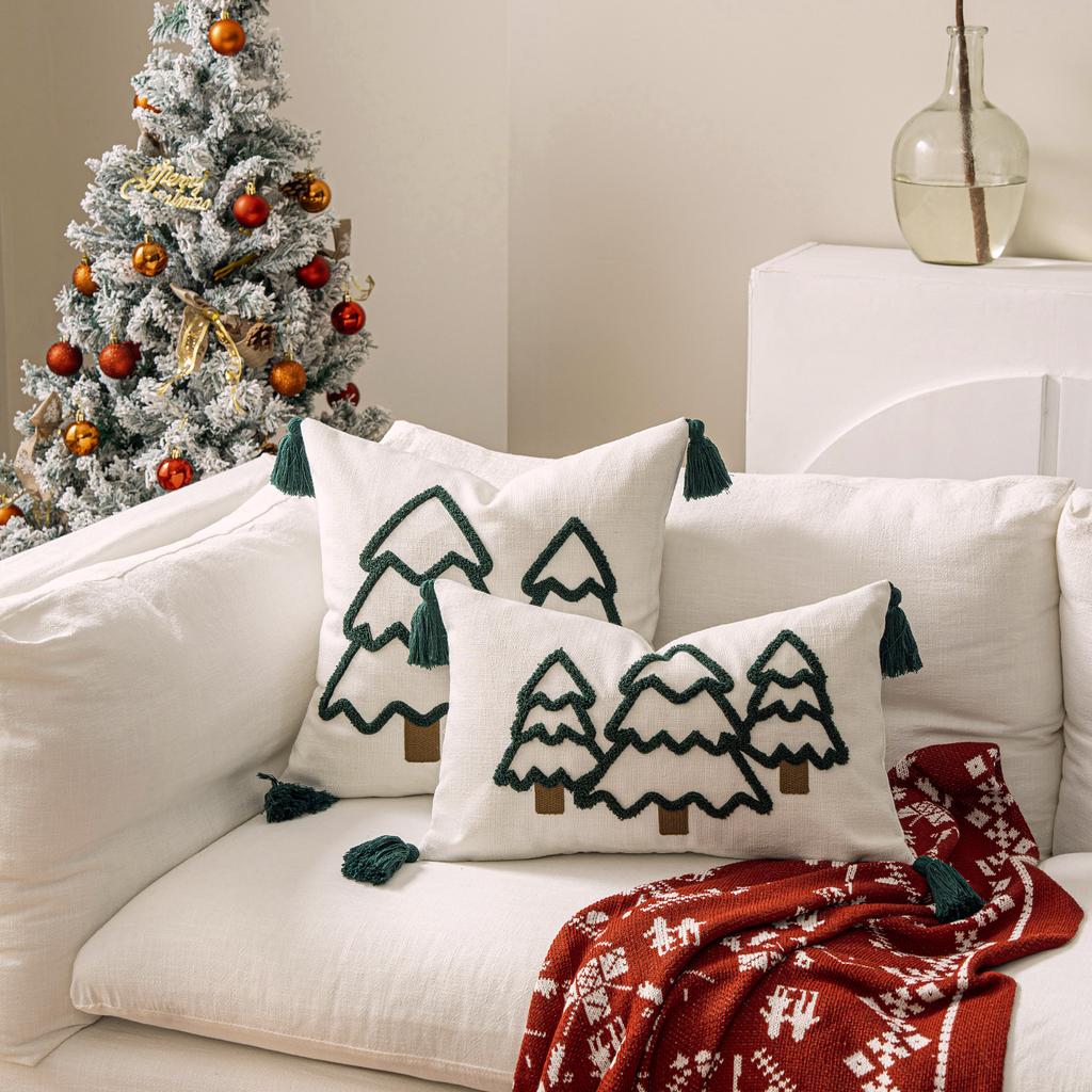 Canvas Embroidered Christmas Pillow Cover Christmas Tree Cushion Tassel Sofa Decoration