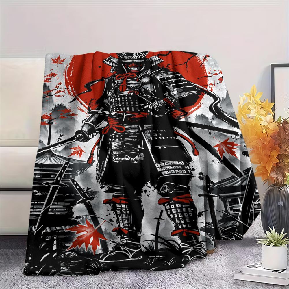 1Pc Japanese Samurai Print Flannel Blanket, High quality Comfortable for All Seasons, Home Decor, Warmth and Comfort, Perfect for Christmas Gifts