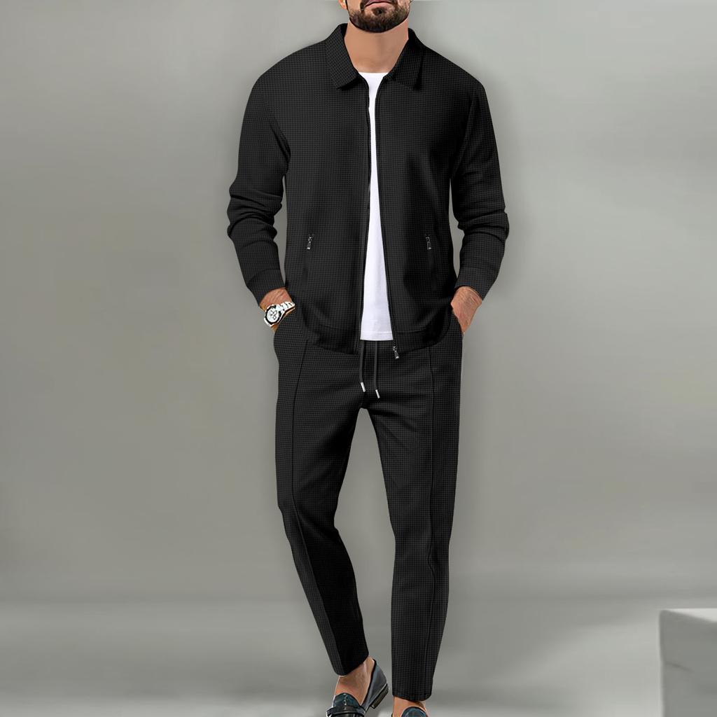 Men's Knit Zipper Pocket Collared Slim-fit Cardigan Jacket Set