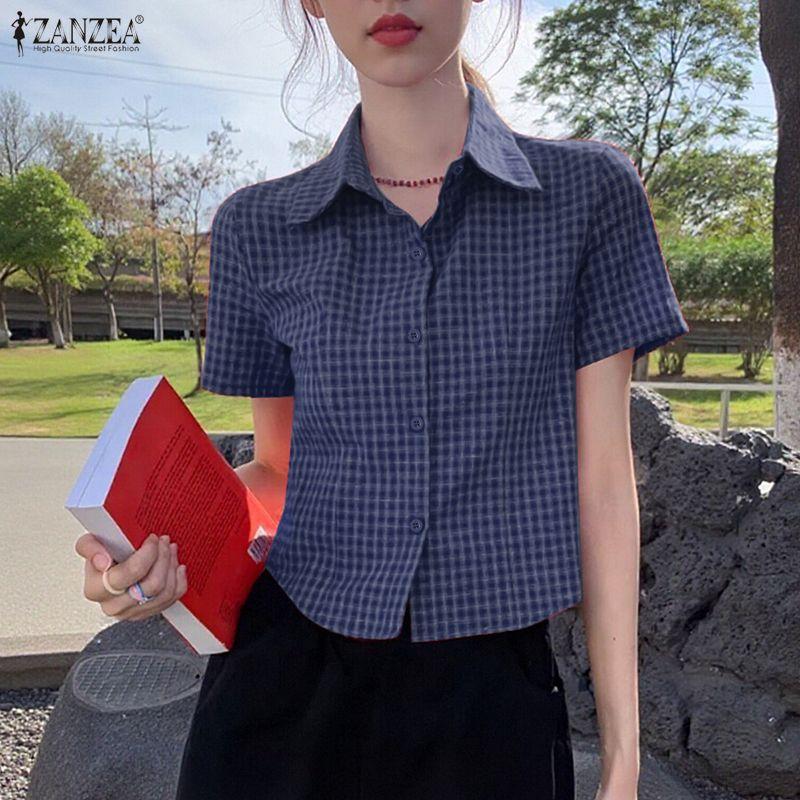 ZANZEA Women Casual Turn Down Collar Short Sleeve Grid Print Blouse