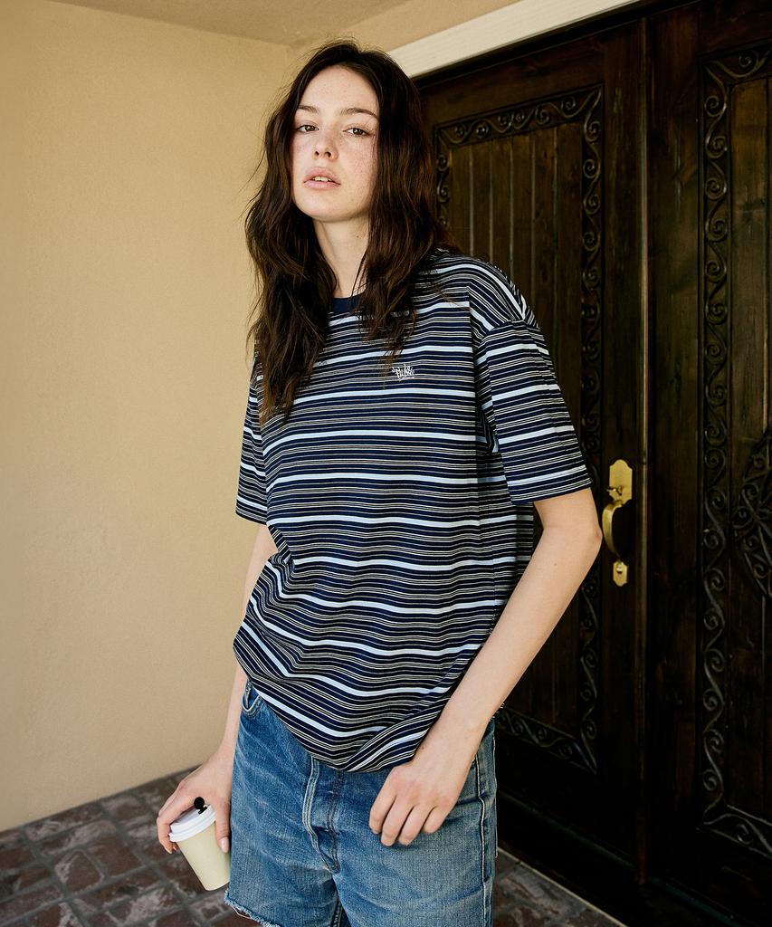 Peullukeu Retro Striped Short Sleeve T-Shirt Navy Fst343