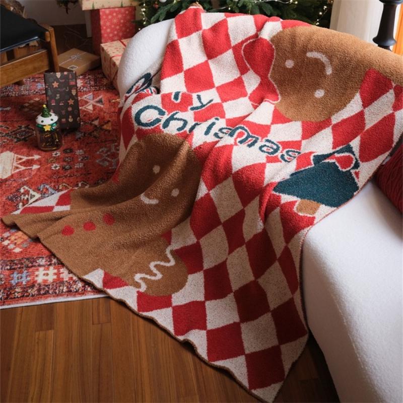 2025 New Half Fleece Sofa Blanket Christmas Atmosphere Warm Autumn Winter Holiday Decoration Gingerbread Wish Design