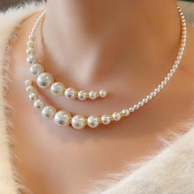 Faux Pearl Choker Necklace Women Open Cuff Choker Necklace White Round Pearl Chunky Choker