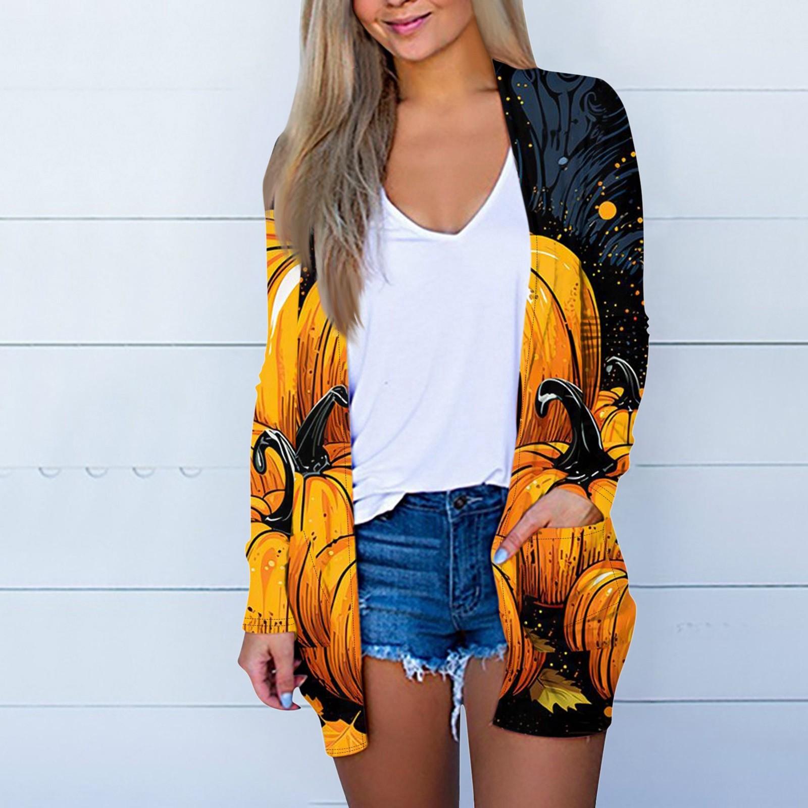 

Женская мода, повседневный кардиган с принтом на Хэллоуин, средней длины, куртка, пальто XXXL