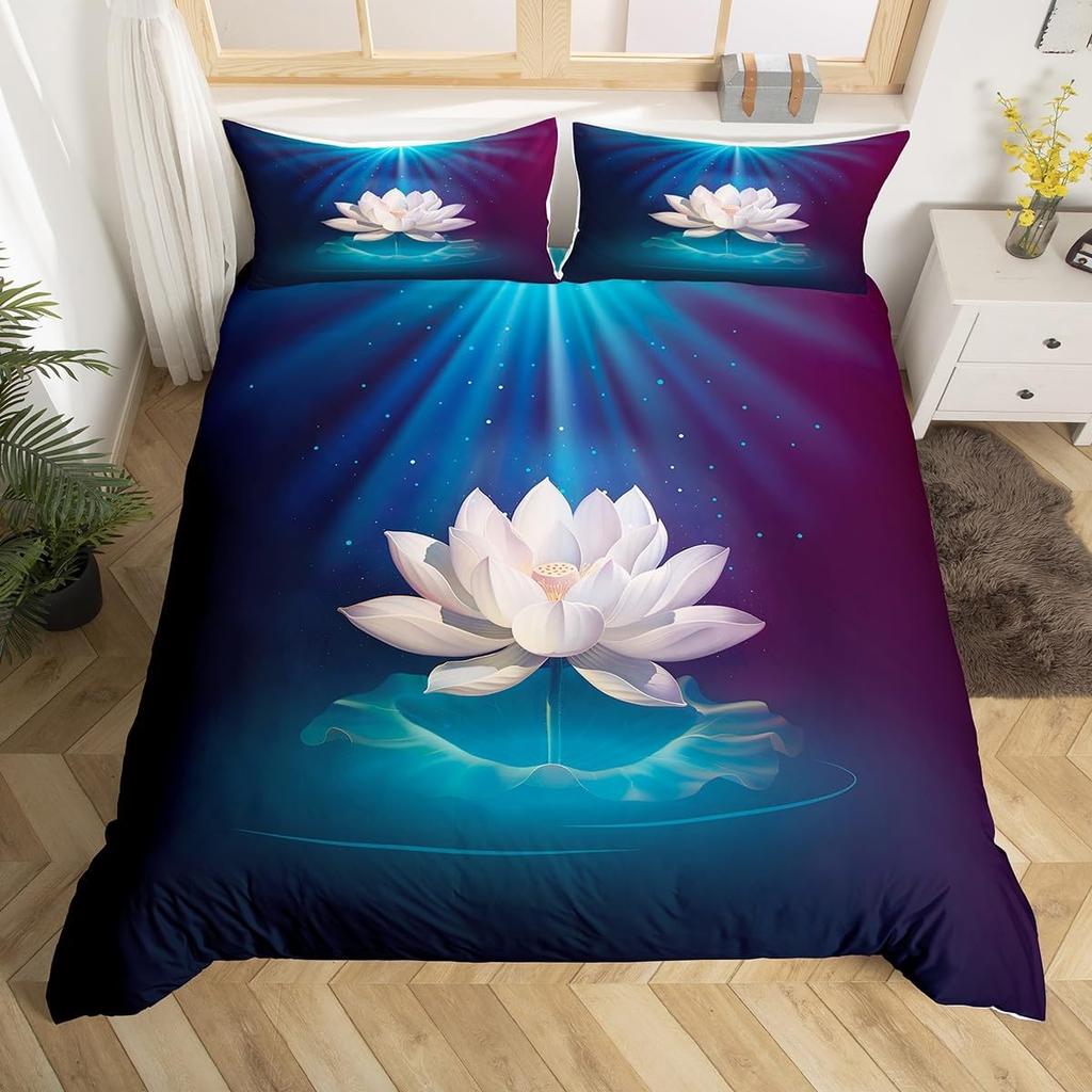 Lotus Duvet Cover, Water Lily Bedding Set, Lotus Leaf Quilt Cover, Summer Theme Print Comforter Cover For Girl Women Twin King