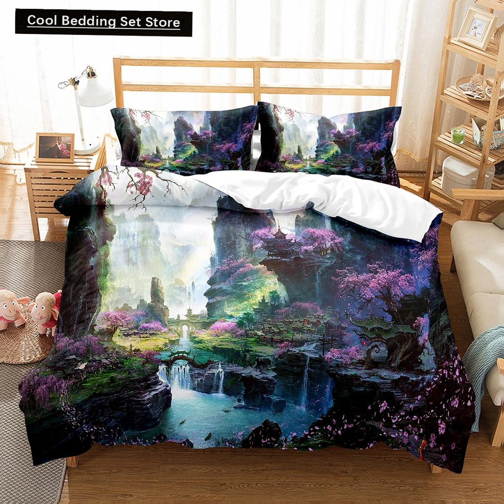 Cartoon Fantasy World King Queen Duvet Cover Magic Castle Bedding Set Mythical Landscape Quilt Cover Polyester Comforter Cover