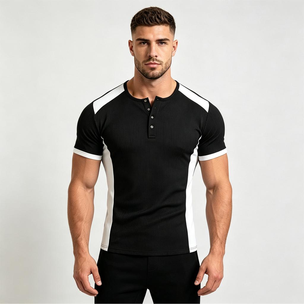 Men's Color Block Half Button Short Sleeve T-Shirt for Summer Casual Athletic Wear