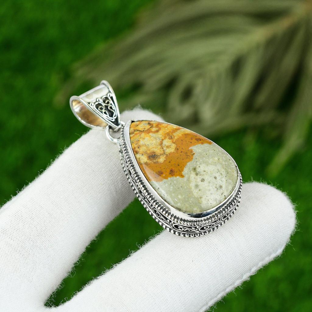 Pear Picture Jasper Gemstone Daughter Bezel Vintage Pendant Jewelry 925 Silver