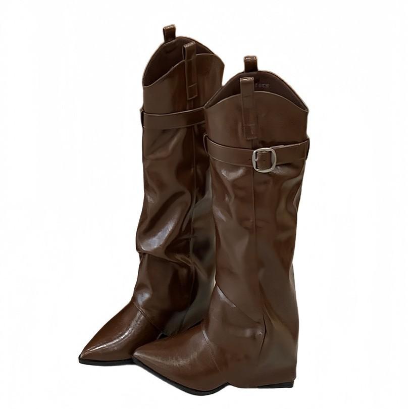 2025 European and American style pointed high-heeled patent leather glossy belt buckle high tube but knee boots knight boots female Martin boots