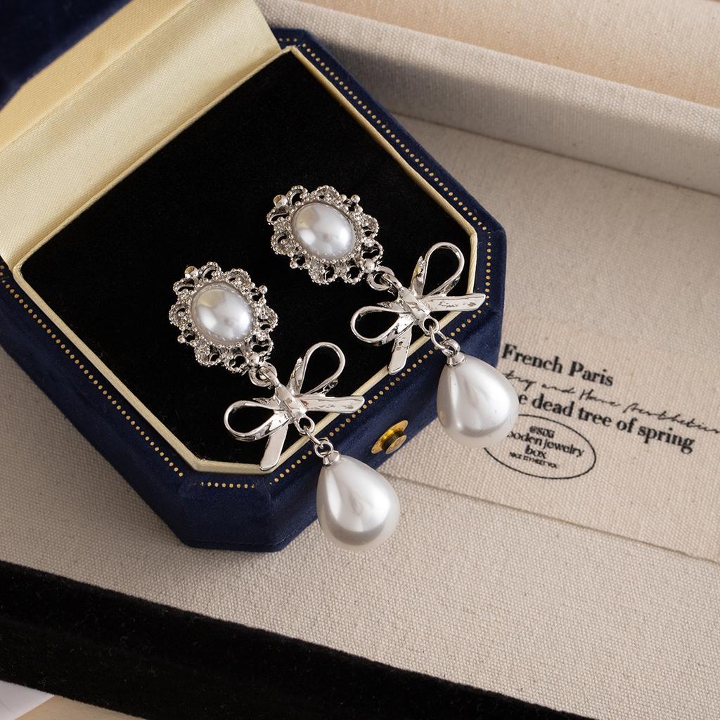 French Ballet Style Stud Earrings Women'S Silver Bow Pearl Pendant Earrings Sweet Temperament Niche Earrings