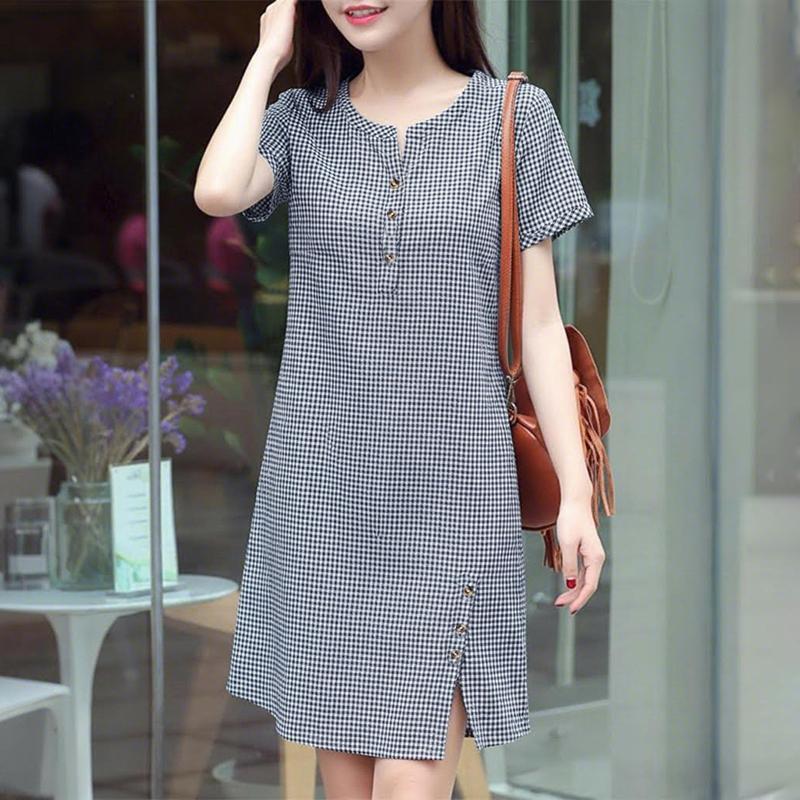 ZANZEA Women Plaid Print Casual V-Neck Summer Short Sleeve Dress